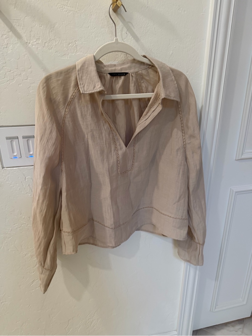 Zara Light Beige Collared Long-Sleeve Blouse